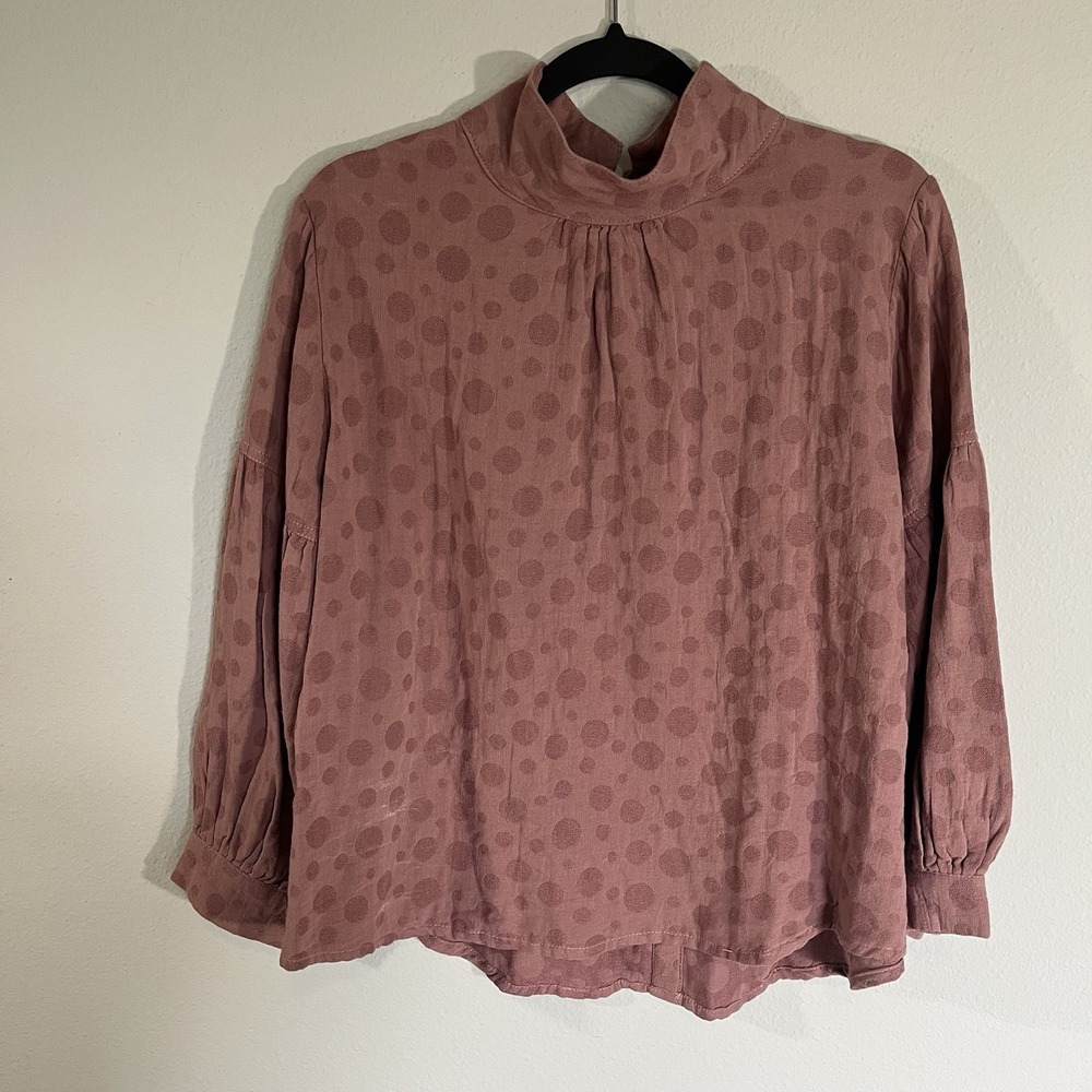 Pink Mock Neck Long Sleeve Blouse Top Size XL Korean Polka Dot Career Modest